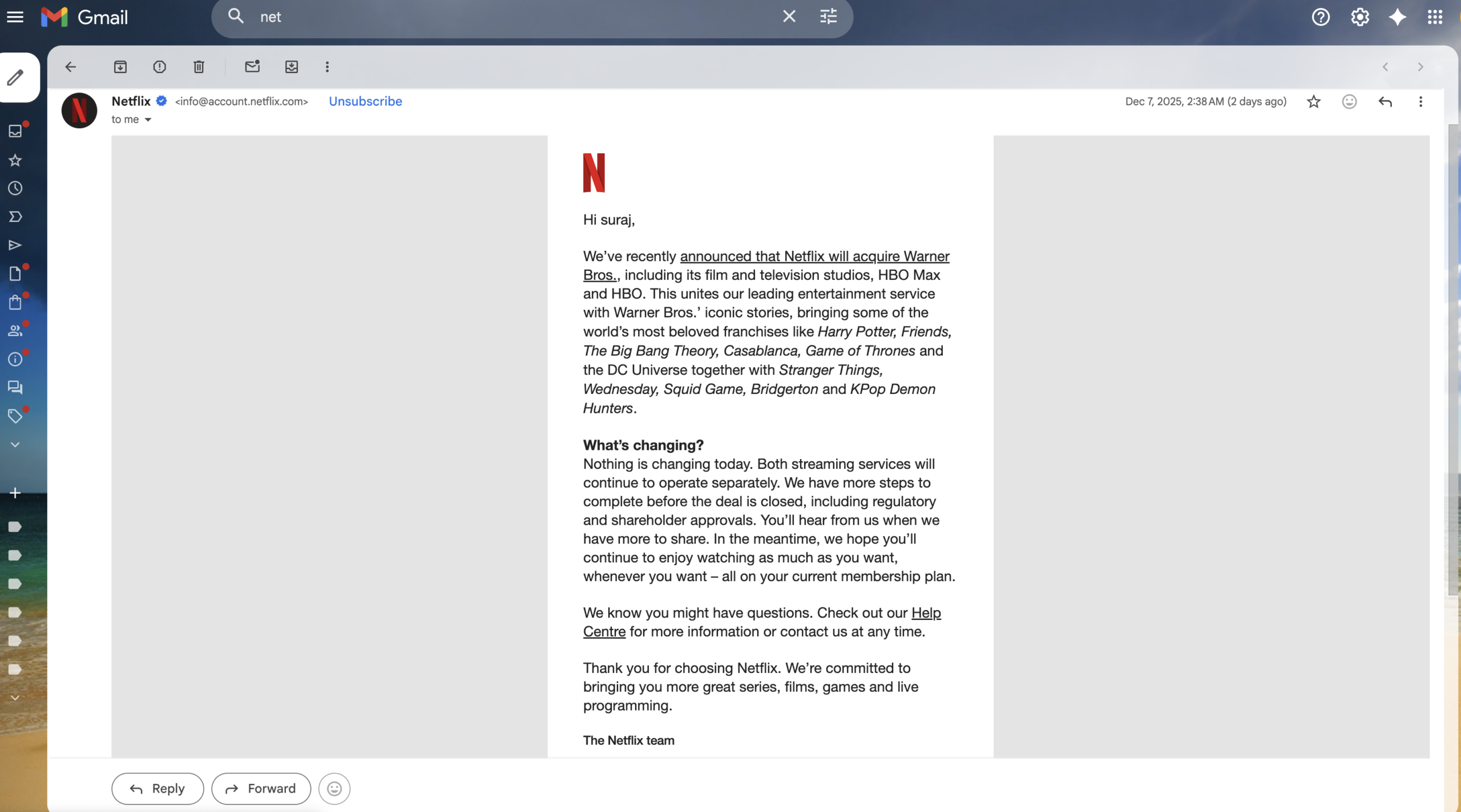 “Netflix द्वारा Warner Bros के 82.7 बिलियन डॉलर अधिग्रहण के बाद भेजे गए लेट-नाइट ईमेल की खबर दर्शाती हुई थंबनेल इमेज, जिसमें Netflix और Warner Bros के लोगो और न्यूज़-स्टाइल ग्राफिक्स दिख रहे हैं।”