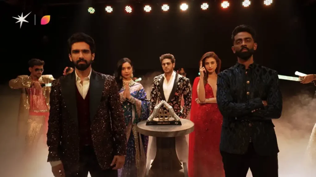 “Bigg Boss 19 Grand Finale top 5 finalists Amaal Mallik, Gaurav Khanna, Tanya Mittal, Farhana Bhatt and Pranit More with Salman Khan.”