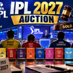 IPL 2027 Auction की नीलामी का ग्राफिक, ऑक्शन हैमर और IPL टीमों के लोगो के साथ