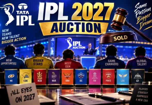 IPL 2027 Auction की नीलामी का ग्राफिक, ऑक्शन हैमर और IPL टीमों के लोगो के साथ