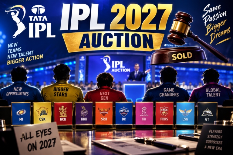 IPL 2027 Auction की नीलामी का ग्राफिक, ऑक्शन हैमर और IPL टीमों के लोगो के साथ